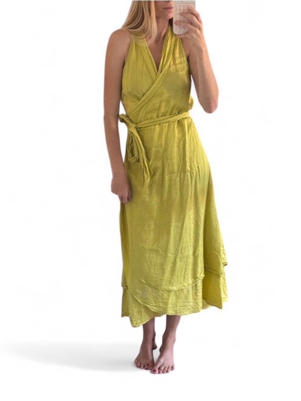 Sleeveless Lime Wrap Maxi cotton silk Dress with Side Tie Brazeau Tricot